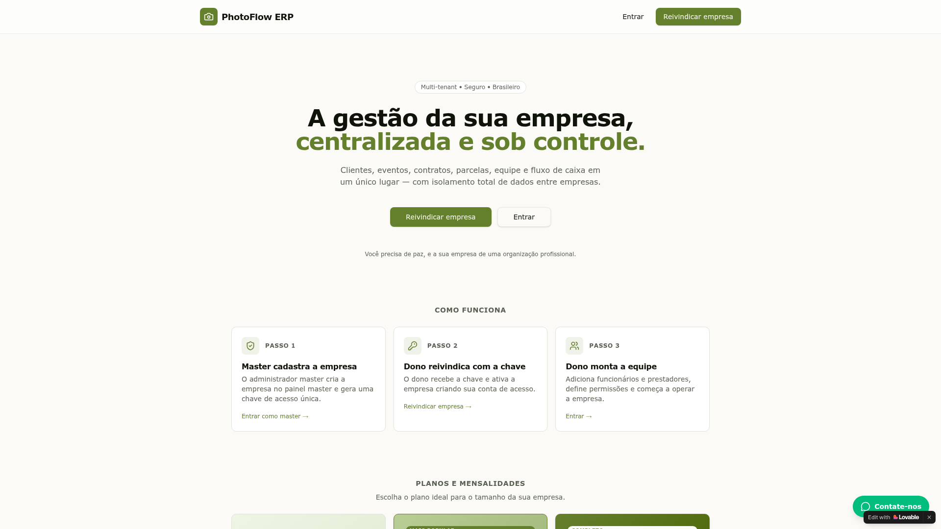 Screenshot do PhotoFlow ERP — sistema de gestão para fotógrafos com tons verdes
