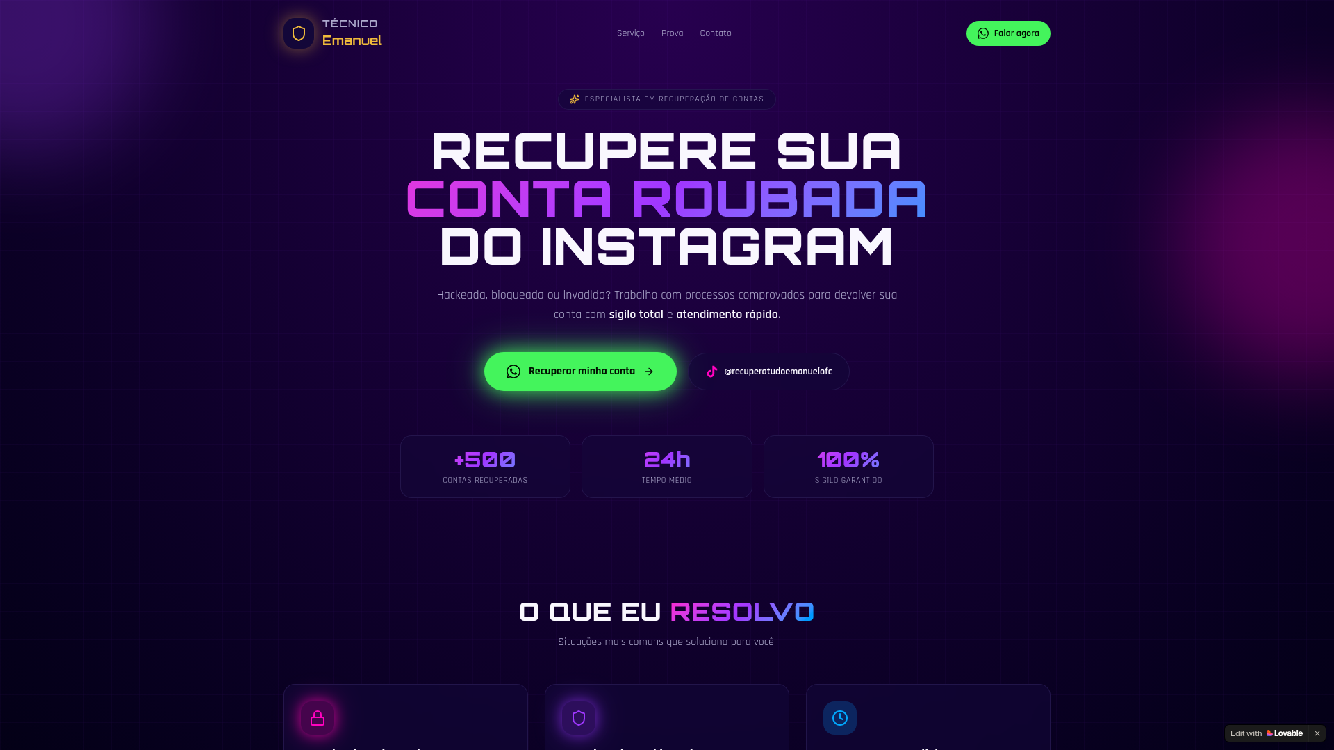 Screenshot do site Recuperatudo — landing page dark com gradientes roxo e ciano